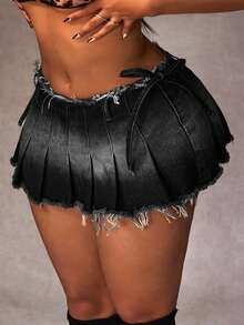 Jeanoix Plus Size Women's Pleated Raw Hem Casual Daily Denim Mini Skirt - Black - View 1
