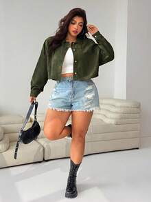 SHEIN EZwear 女款大尺碼軍綠色長袖單排扣休閒夾克外套 秋季 - 軍綠色 - 查看 3