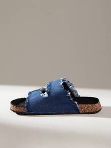 Solecia Summer Double-Button Burrs, Open-Toed Flat-Bottomed Cork Slippers, Casual Sandals, Daily Commuting Beach Vacation Versatile Sandals - Navy Blue - View 4