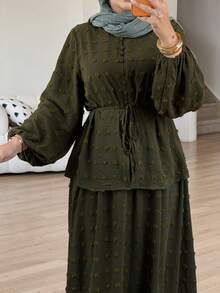 Solavon Plus Size Women's Green Ruched Long Sleeve Top And Skirt Casual 2-Piece Set - Army Green - View 5