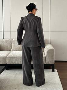 Dazy Plus Autumn/Winter High Neck Waist-Cinching Striped Top & Casual Long Pants 2 Pieces Set, Fun Commuter Style - Grey - View 2