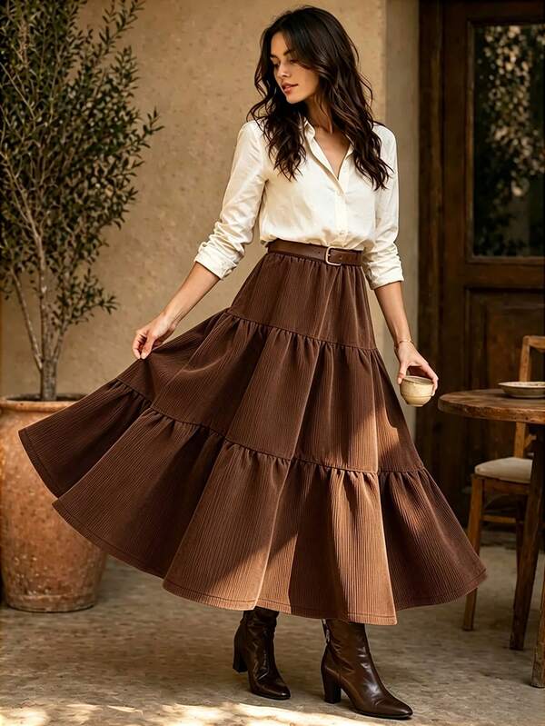 Selamara Women's Autumn/Winter Brown Corduroy Patchwork Flare Long Skirt, Casual Vacation Commute Office Date Versatile Half Skirt Elegant Exquisite, Suitable For Valentine's Day, Back To School, Teacher's Day, Formal Occasions, Gifts, Dates, Street Style Fashion Design, Versatile Half Skirt