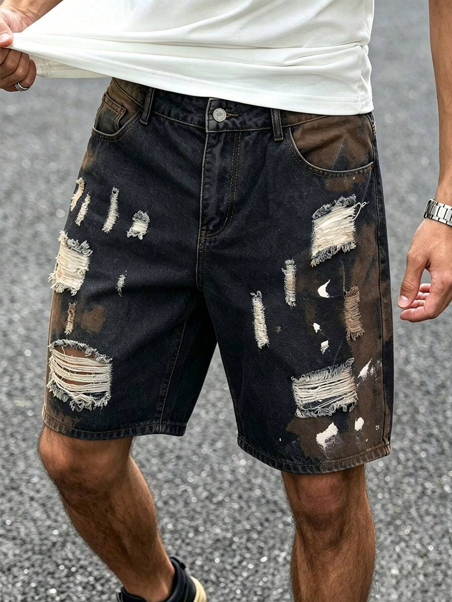 Manfinity LEGND Unisex Streetwear Distressed Paint Splatter Denim Shorts - Multicolor - View 1