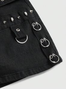 ROMWE Grunge Punk Indie Sleaze Dark Gothic Punk Metal Rivet Ring Design Fitted Bodycon Denim Skirt - Black - View 4