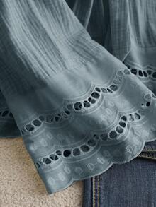 CosyJoli Plus Size Casual Lace-Up Ruffle Patchwork Textured Fabric V-Neck Long Sleeve Blouse - Blue - View 5