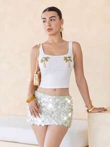 Andrea Bello Women's Fashionable Party Sequin Mini Skirt, Summer White Party Short Skirt - White - View 5