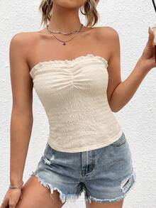 SHEIN EZwear 杏色女款度假風百褶荷葉邊飾抹胸上衣 - 杏色 - 查看 5