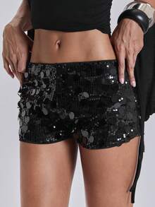 ACID BLVD Women Carnival Party Black Glitter Sequin Sexy Low Waist Stretchy Mini Shorts - Black - View 6
