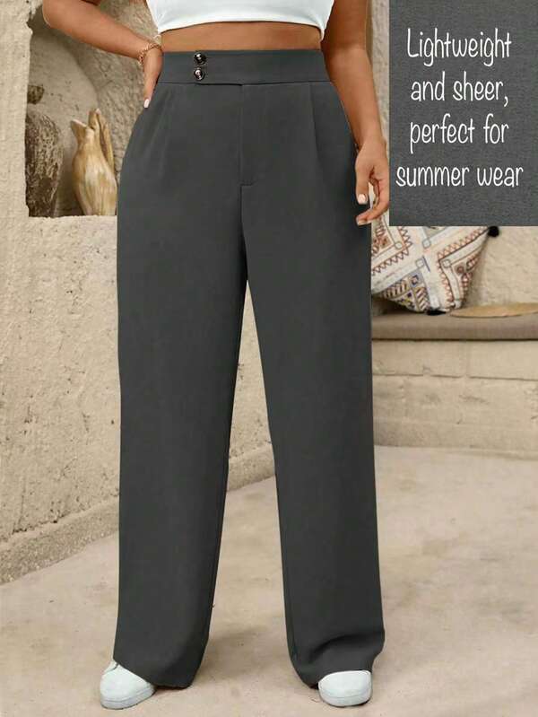 SHEIN Tall Pantalones casuales de talle alto y pierna ancha con pliegues para mujer de talla grande