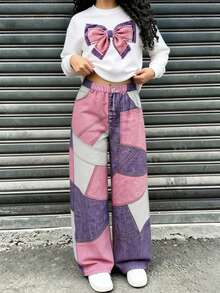 SHEIN Sparklyn 青少年女孩連帽衫兩件套，休閒寬鬆針織，返校季復古秋季女童套裝，蝴蝶白色上衣，Y2K韓系風格 - 彩色 - 查看 1