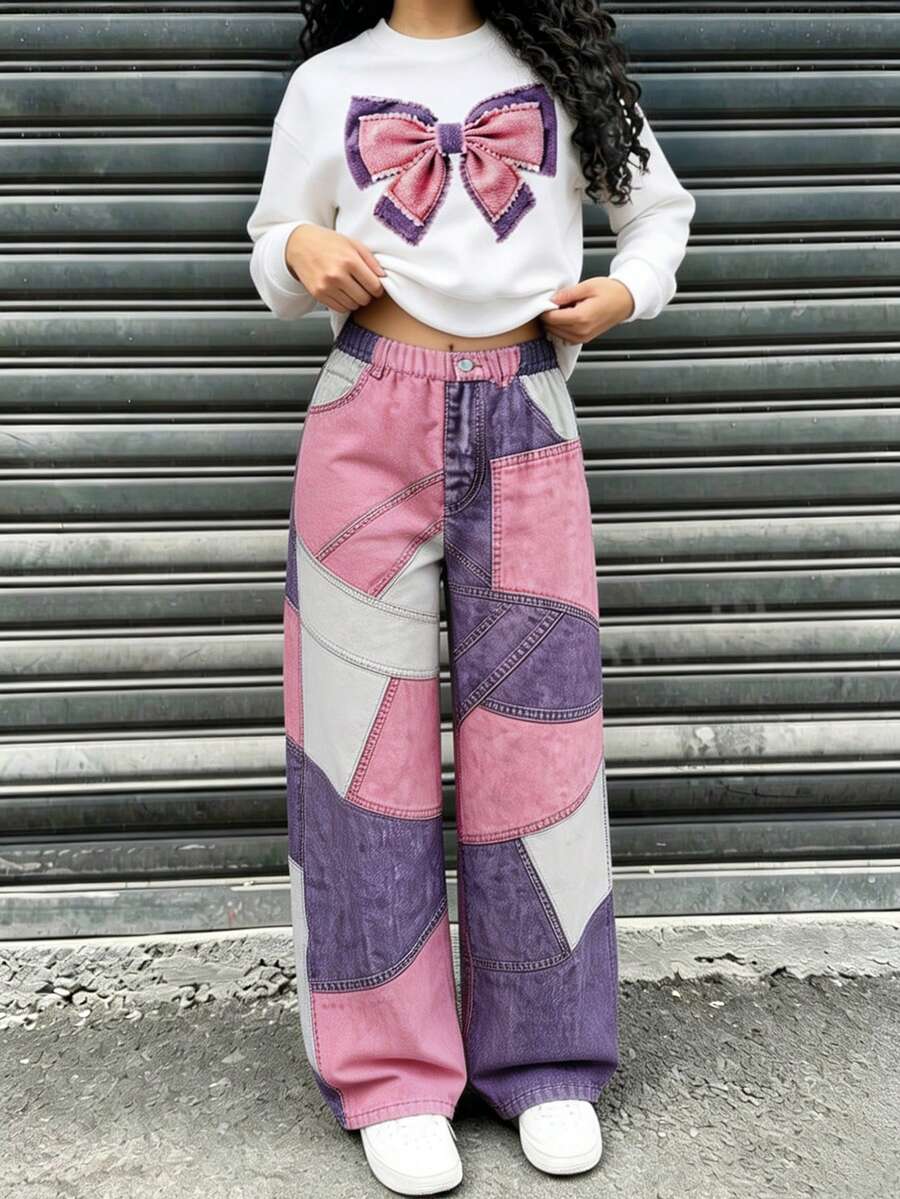 SHEIN Sparklyn 青少年女孩連帽衫兩件套,休閒寬鬆針織,返校季復古秋季女童套裝,蝴蝶白色上衣,Y2K韓系風格 - 彩色 - 查看 1