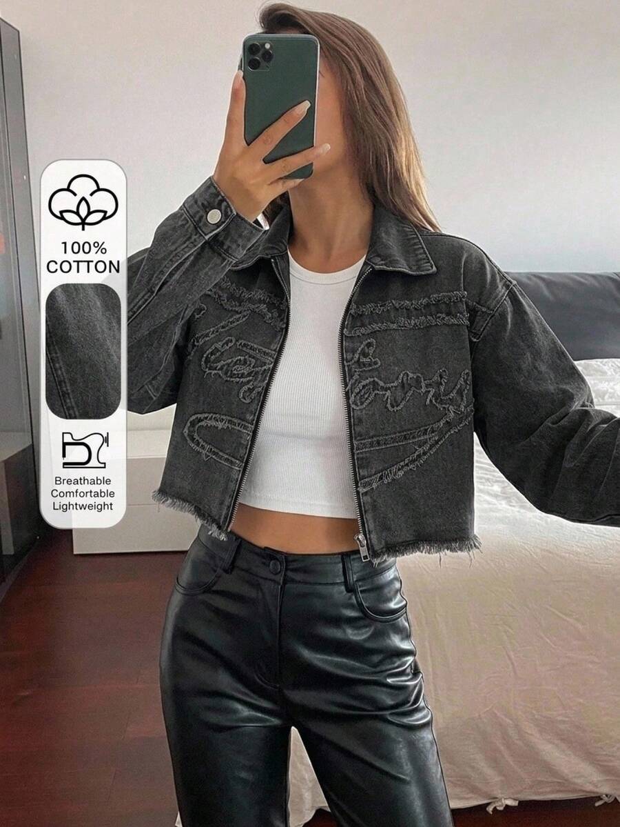 SHEIN Teen Girls Frayed Edge Letter Black Denim Short Loose Long Sleeve Jacket - Black - View 1