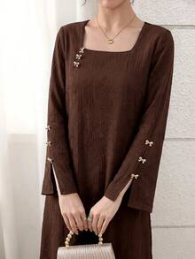 Yasmyna Women's Square Neck Casual Daily Wear Arabian Dress - Brown - View 1