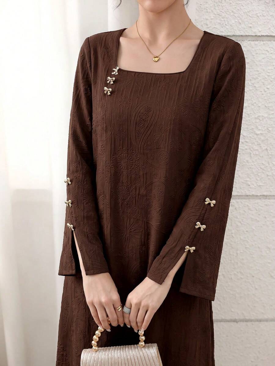 Yasmyna Women's Square Neck Casual Daily Wear Arabian Dress - Brown - View 1