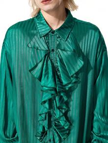 ROMWE MEN Men's Elegant Fashion Striped Ruffle Single-Breasted Shirt - Green - View 2