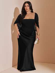 SHEIN BAE CURVE Plus Size Women's Black Mesh Patchwork Satin Long Mermaid Hem Dress, Elegant Long Dress Wedding Formal Dinner Cocktail Summer - Black - View 3