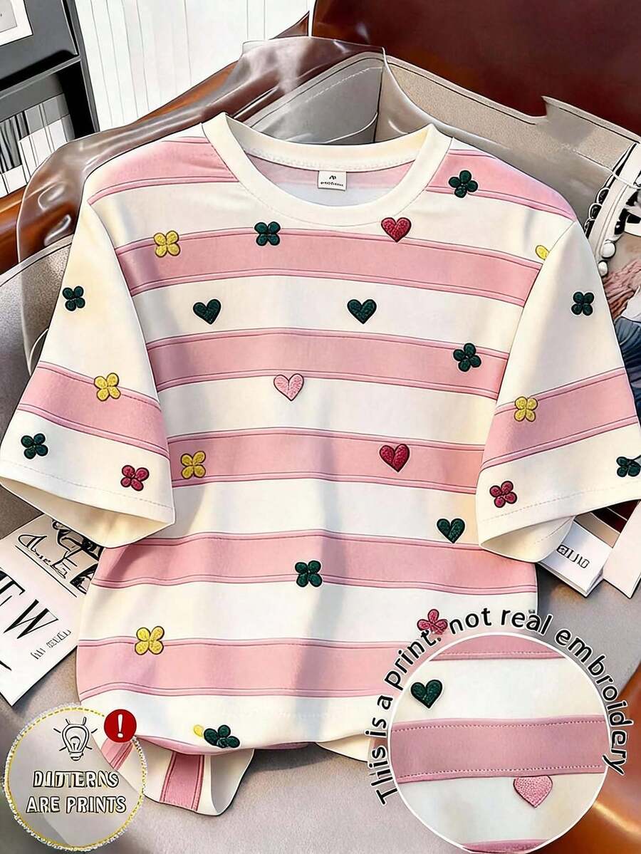 Tween Girl Round Neck Colorblock Casual Versatile Daily Wear T-Shirt - Pink - View 1