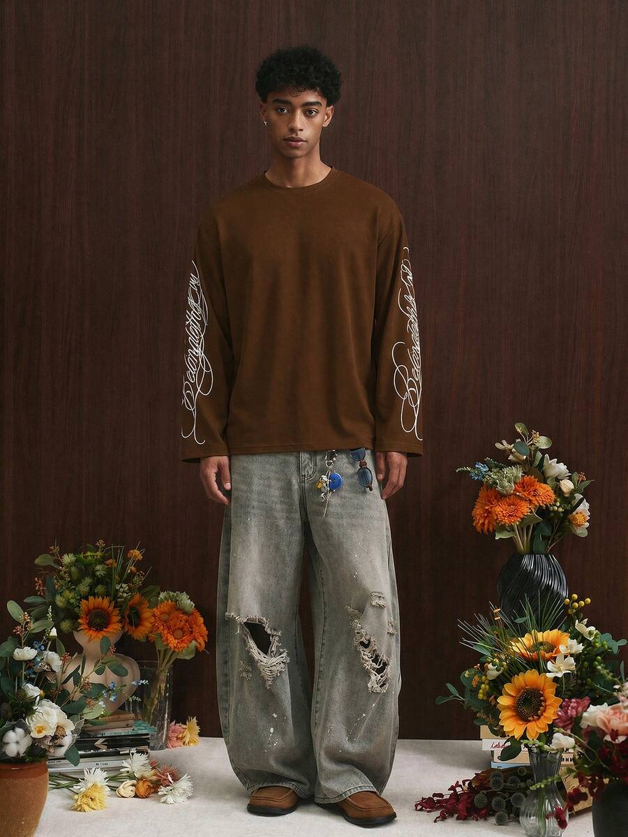 TOKVUE Men's Young Casual Vintage Font Print Long Sleeve Brown T-Shirt - Brown - View 1