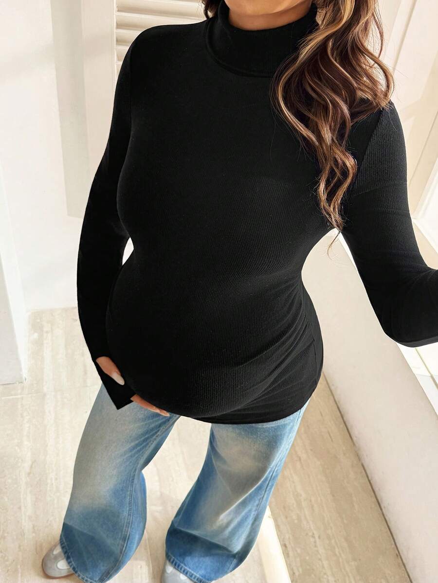 SHEIN Maternity Solid Color Minimalist Versatile Long Sleeve T-Shirt For Daily Wear - Black - View 1