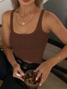 Livesso 女款純色休閒商務細肩帶背心，夏季學院風上衣，日常白天穿著，棕色 - 咖啡棕 - 查看 5