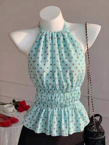 SHEIN EZwear 度假多巴胺薄荷綠波點印花百褶掛脖收腰露背綁帶背心上衣，秋季上衣，適合日常通勤、聚會、秋冬/夏季、聖誕節、新年、感恩節、派對、婚禮、海灘、畢業典禮、優雅、外出、約會、通勤、情人節、優雅、度假、Y2K、畢業典禮 - 彩色 - 查看 3