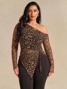 SHEIN BAE Plus Size Women's Leopard Print Asymmetrical Top Fall - Multicolor - View 1