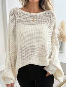 SHEIN Sweater Rajut Wanita Gaya Kelelawar Berongga, Modis, Kasual, Klasik, Serbaguna, Cocok untuk Liburan, Makan Siang, Warna Krem Putih, Musim Gugur - Aprikot - View 5
