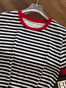 SHEIN Plus Size Summer Casual Striped T-Shirt And Pants 2 Pieces Set Brunch Sports White Red - Multicolor - View 8