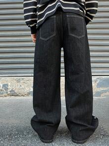 DAZY Jeans de hombre para primavera con botones de strass y decoración de perlas falsas - Negro - Ver 2