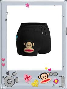Paul Frank X ROMWE Plus Size Women's Drawstring Waist Cartoon Pattern Casual Everyday Shorts - Black - View 5