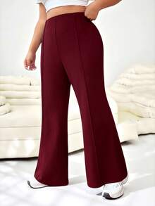 SHEIN EZwear 大尺碼女款素色簡約日常喇叭西裝褲，適合畢業季、返校季 - 酒紅色 - 查看 7
