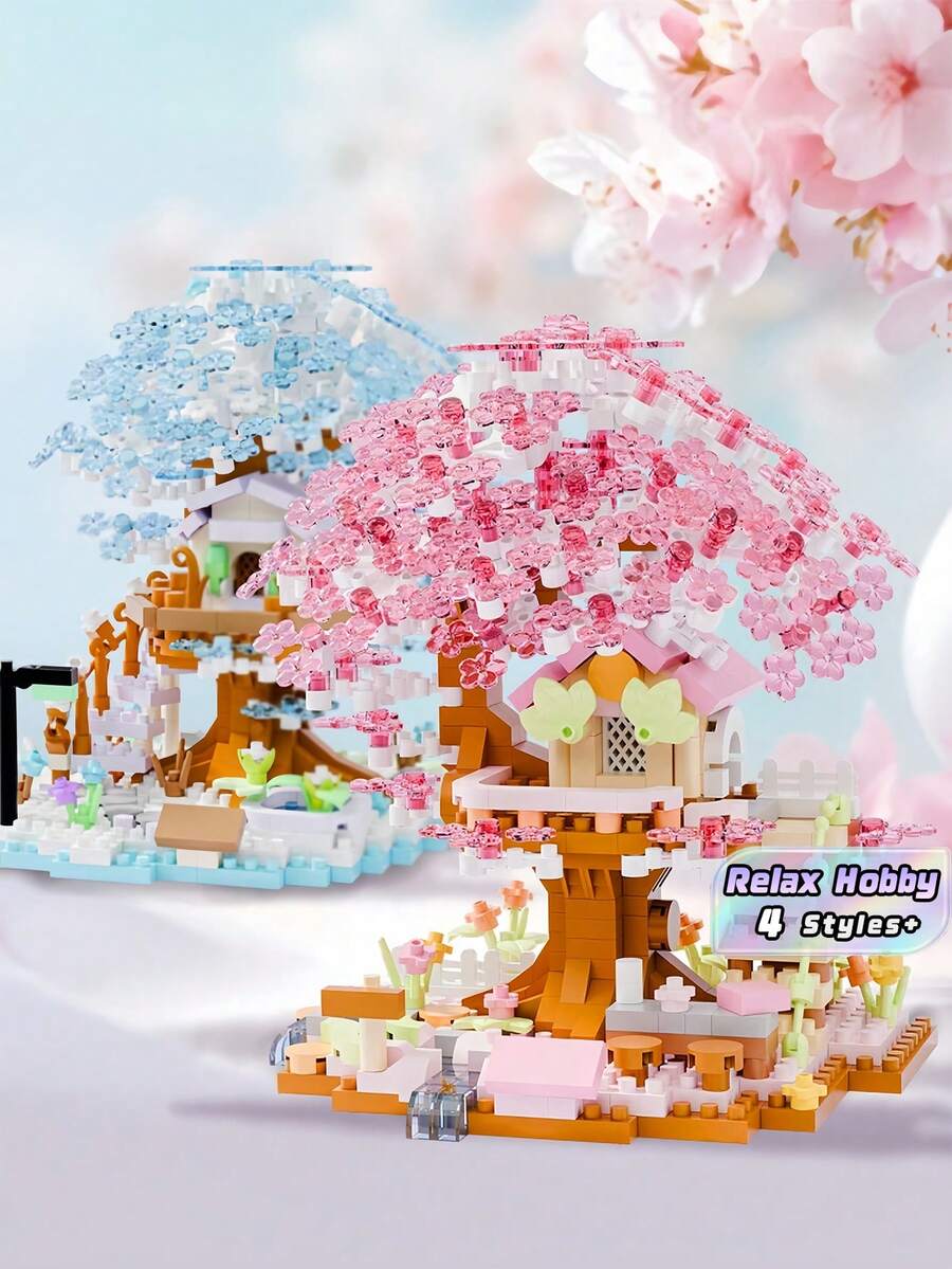 4PCS 600 Pieces Plastic Micro Building Block Set Four Season Tree House Model Kit For Adults Birthday Christmas Gift Home Decor Creative Hobby Assembly Craft Decoration Ornament Collectible Stress Relief Puzzle Toy Landmark Architecture - Multicolor - View 1