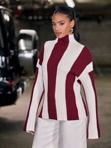 Hauture Atasan Rajut Bergaris Vertikal Blok Warna Burgundy dan Putih untuk Wanita dengan Kerah Tegak - Krem - View 3