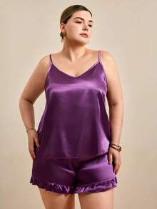Hourtrue 6pcs Sleepwear Set: Solid Color Faux Silk Camisole And Shorts, Plus Size - Multicolor - View 1