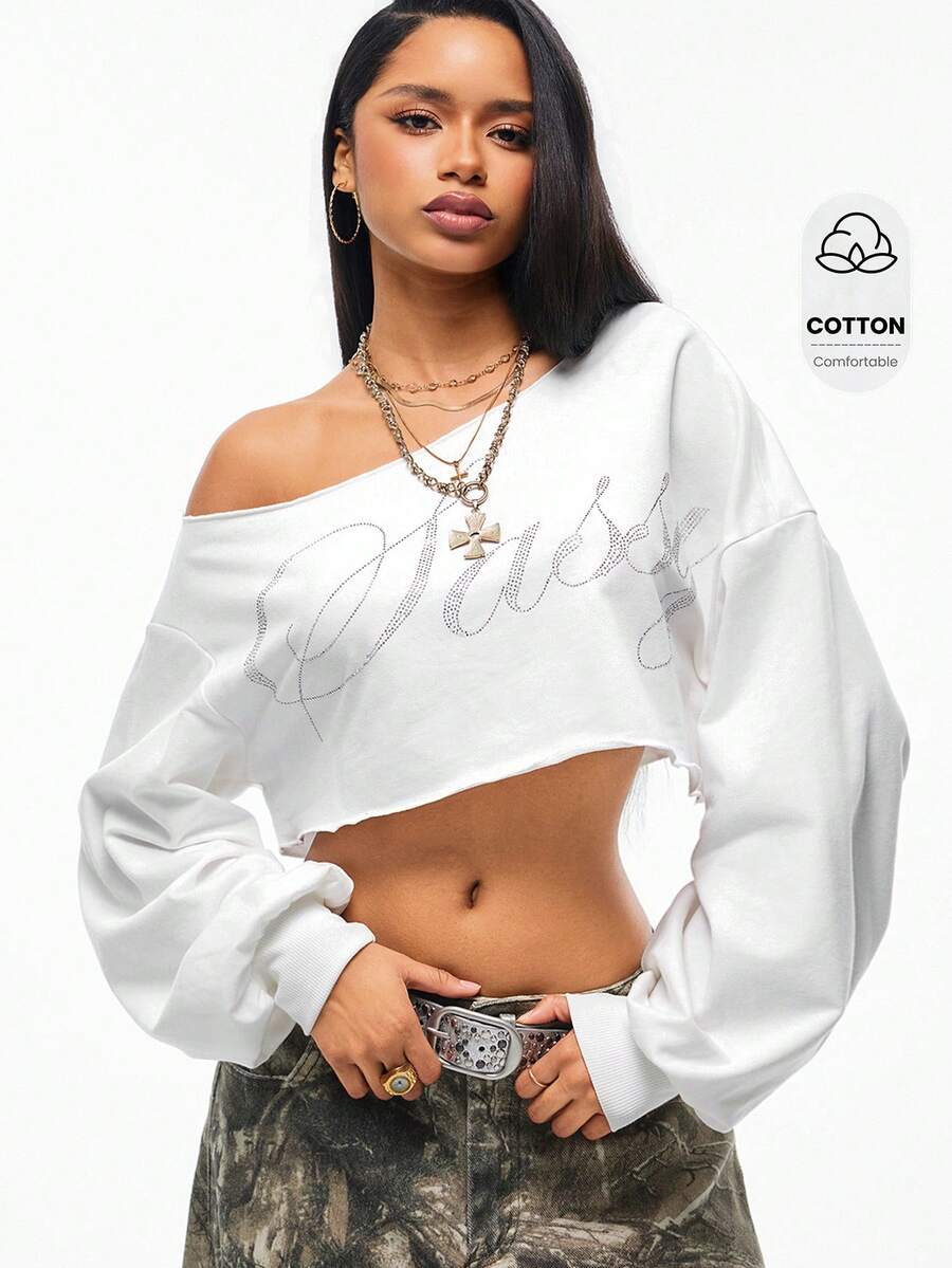 Vadaroq Women's Rhinestone Letter Asymmetrical Shoulder Long Sleeve Cropped Sweatshirt - White - View 1