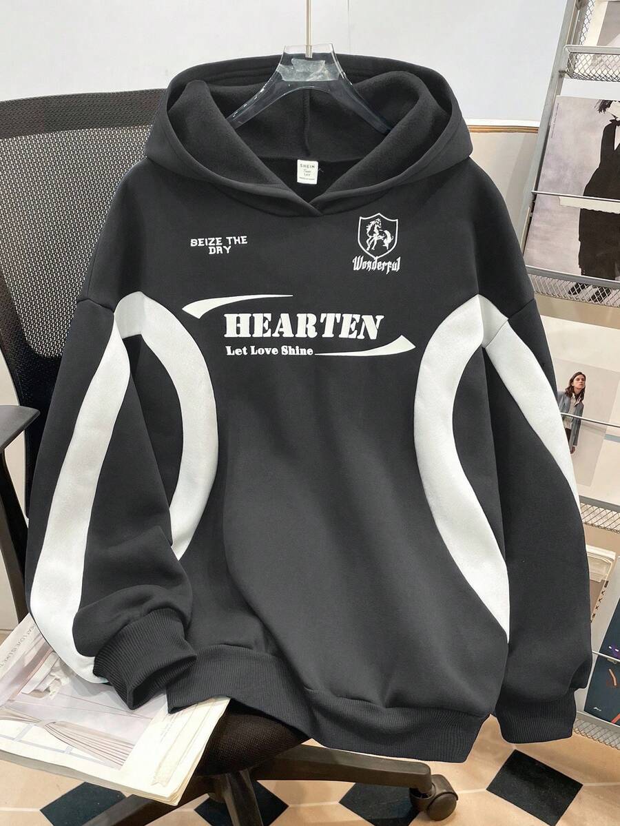 SHEIN 青少年女孩針織拼色字母印花寬鬆休閒秋季運動衫 - 淺灰色 - 查看 1