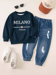 SHEIN 男嬰隨機條紋拼色 MILANO 字母馬匹印花圓領長袖衛衣與仿牛仔褲 2 件套秋季套裝 - 彩色 - 查看 4