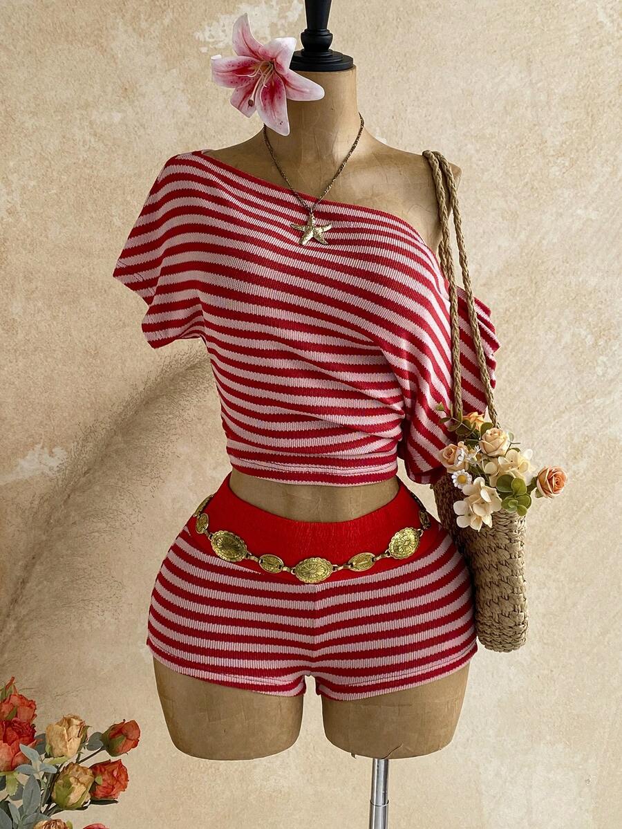 Soleia 女款度假休閒條紋不對稱領上衣與短褲兩件套 - 紅白色 - 查看 1