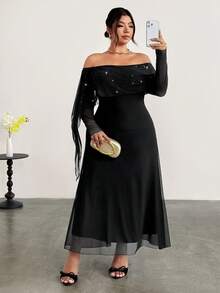 Firerie Plus Size Cold Shoulder Black Mesh Sequin Patchwork Cinched Waist Flared Mermaid Maxi Dress/Party Cocktail Formal Autumn Elegant Fall - Black - View 3