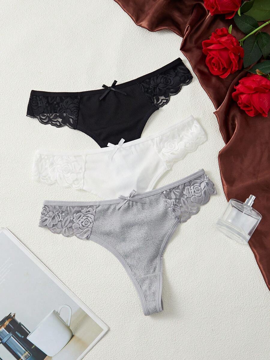 SHEIN 3件組女款性感蕾絲拼接丁字褲,簡約休閒 - 彩色 - 查看 1