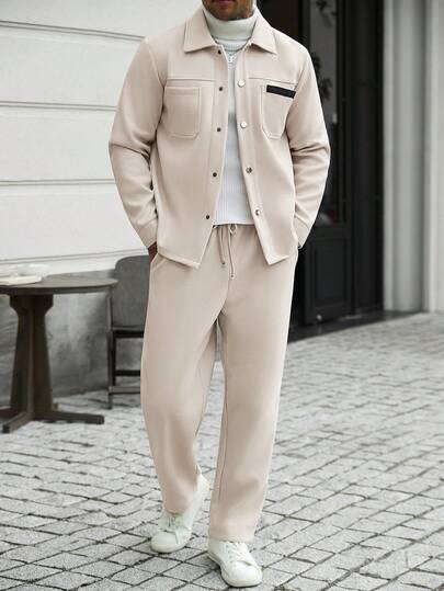 Manfinity Homme Beige Wool Men's Business Suit With Collar And Pocket Details, Street Style Men's Wool Two Pieces Set, Autumn And Winter Clothing