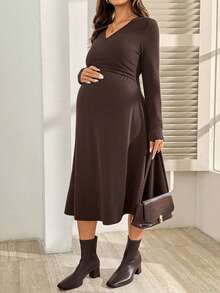 SHEIN Maternity Solid Color V-Neck Short Sleeve Nursing Dress - Brown - View 5