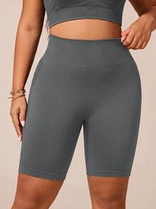 Rhythm Era Celana Pendek Olahraga Wanita Ukuran Besar Warna Polos Pinggang Tinggi - Grey - View 5