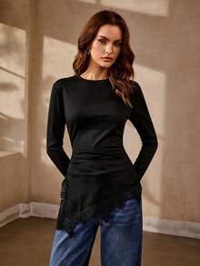 Selianne Cotton Black Lace Patchwork Asymmetrical T-Shirt, Slim Fit, Side Ruched, Round Neck, Long Sleeve, Minimalist Casual Elegant Autumn Night Out - Black - View 5