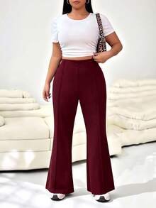 SHEIN EZwear 大尺碼女款素色簡約日常喇叭西裝褲，適合畢業季、返校季 - 酒紅色 - 查看 2