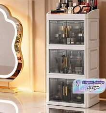 1 Large-Capacity, 3-Tier, Double-Door Cosmetics Organizer In Light Yellow; A Drawer-Style Storage Box Ideal For Vanity Accessories, Jewelry, Makeup Brushes, Perfume, Makeup Bags, And More. It Makes The Perfect Gift For Women - Multicolor - View 1