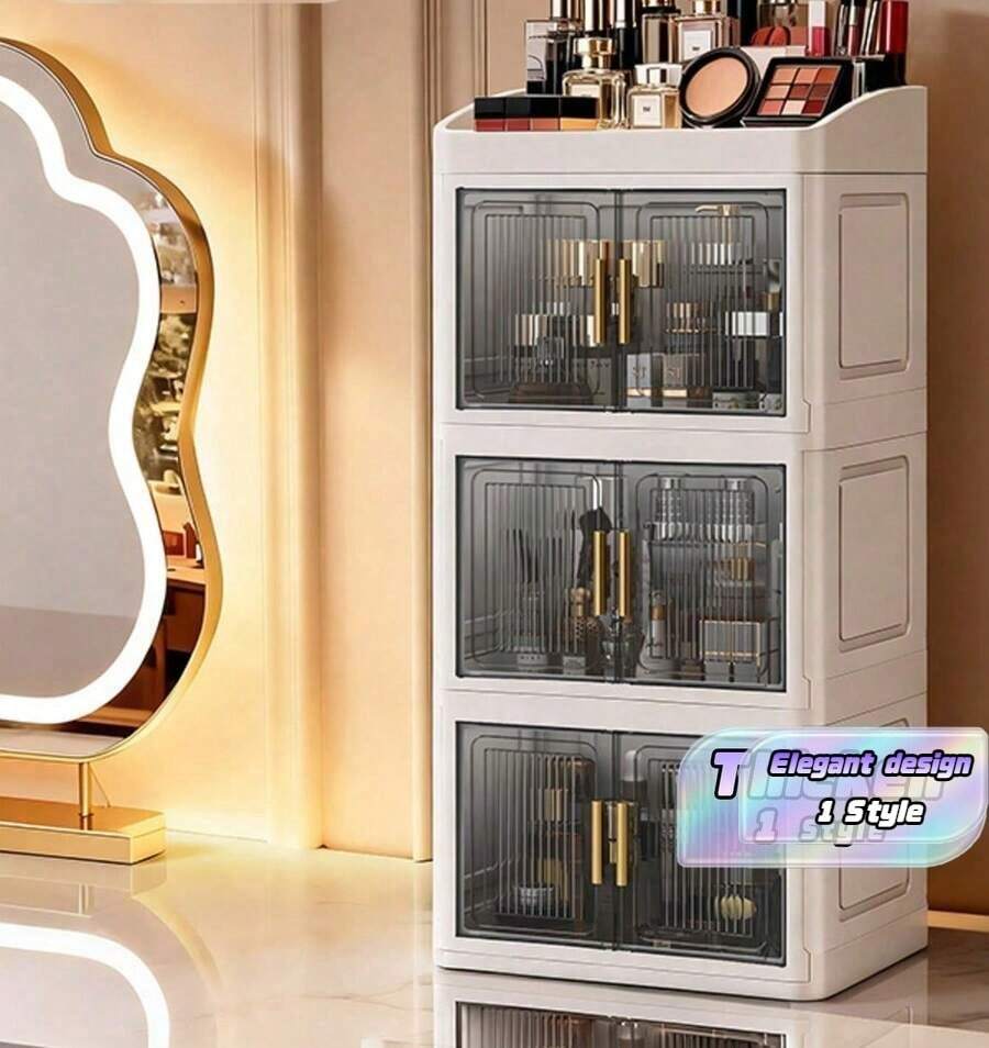 1 Large-Capacity, 3-Tier, Double-Door Cosmetics Organizer In Light Yellow; A Drawer-Style Storage Box Ideal For Vanity Accessories, Jewelry, Makeup Brushes, Perfume, Makeup Bags, And More. It Makes The Perfect Gift For Women - Multicolor - View 1