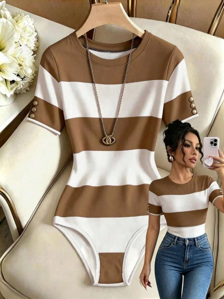 SHEIN Franclia 女款圓領拼色休閒百搭日常短袖連身衣 - 卡其色 - 查看 1