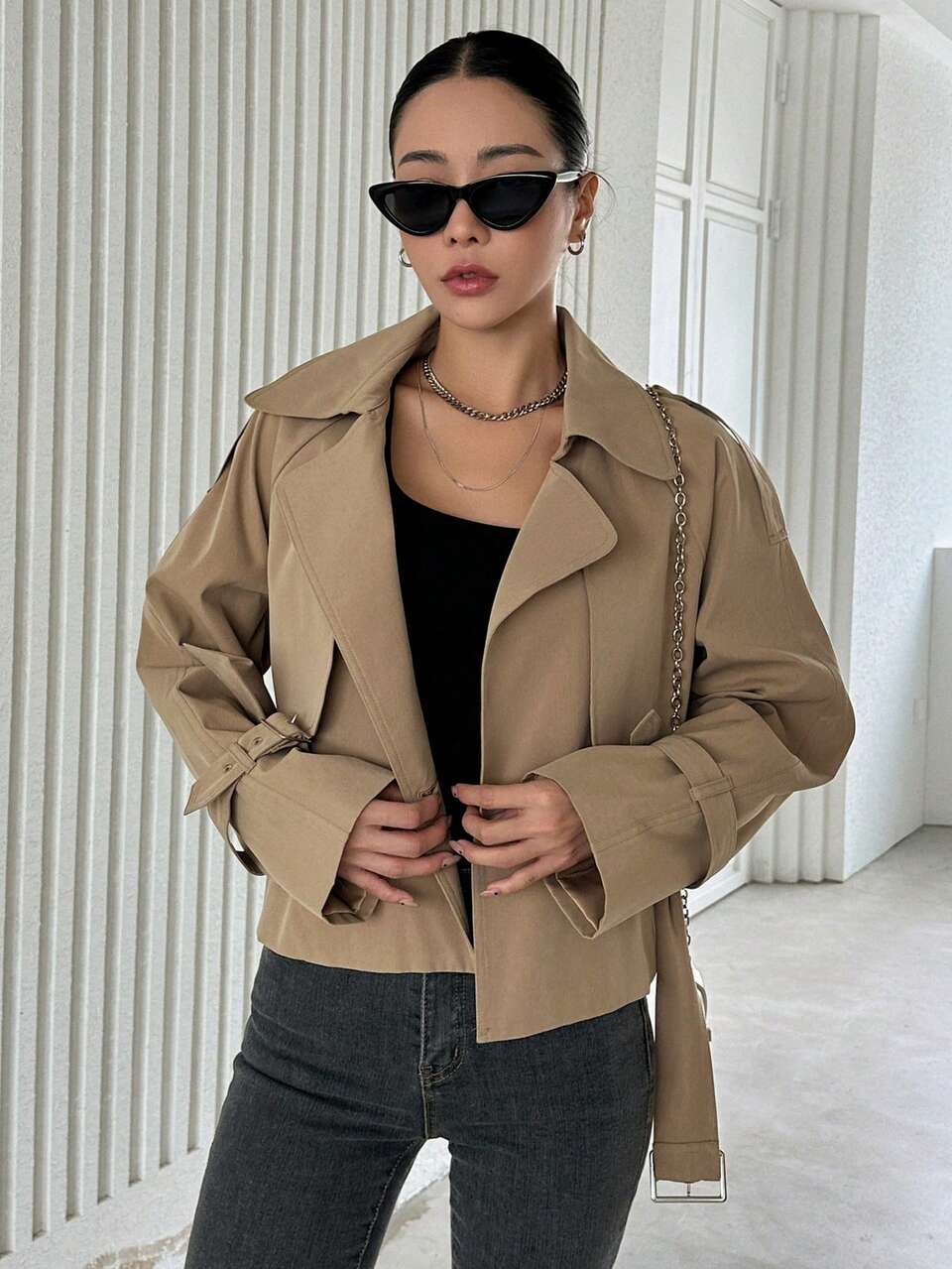 Women's Short Long Sleeve Cinched Waist Trench Coat, Casual Urban Jacket Fall