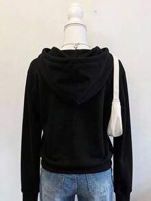 SHEIN EZwear 休閒極簡復古風馬標誌印花寬鬆長袖拉鍊抽繩加厚運動衫，適合女性，適用於秋冬 - 黑色 - 查看 2